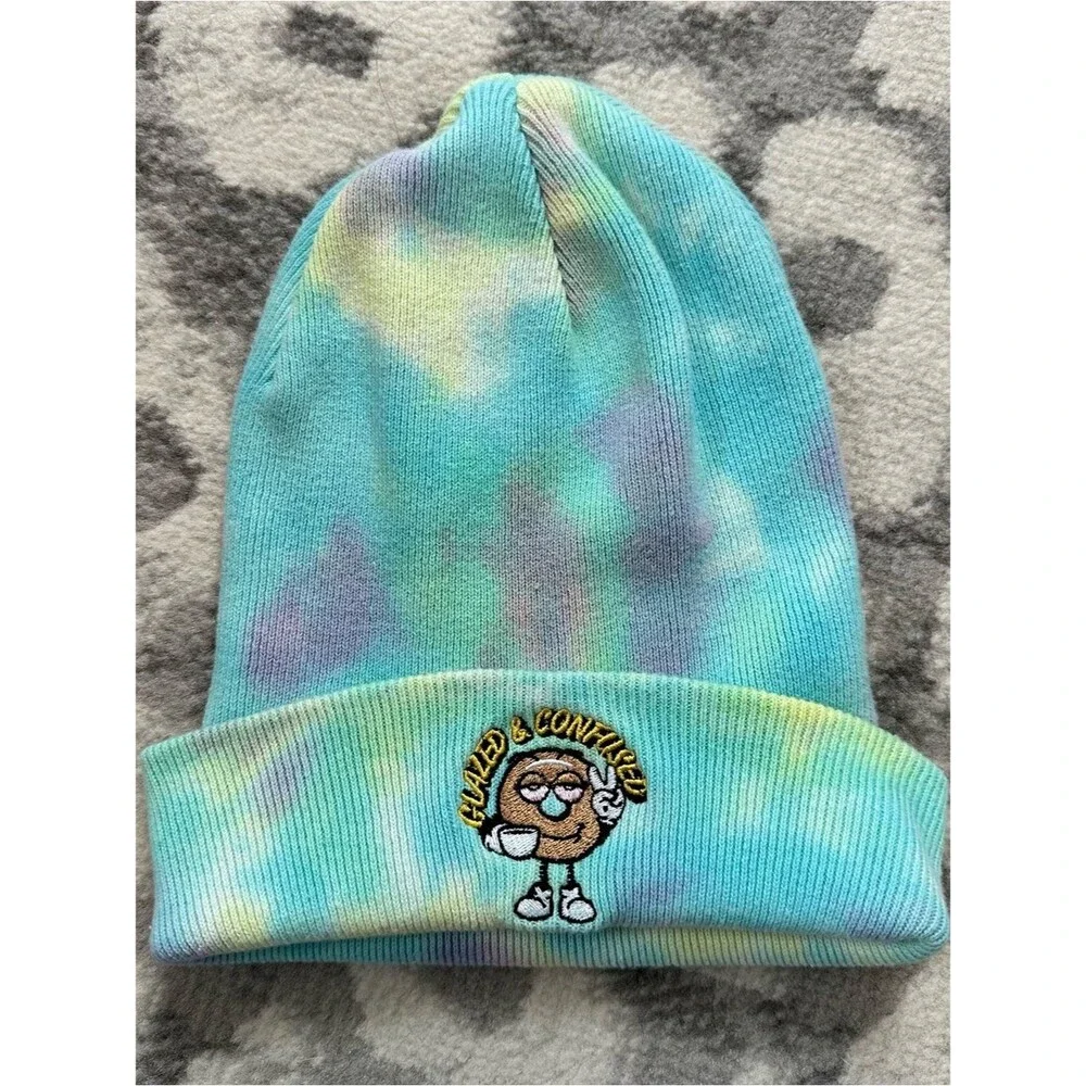 Glazed and Confused Tie Dye Donut Beanie Hippie Winter Hat Cotton Pastel Coffee